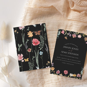Simple Black Colourful Wildflower Floral Wedding Invitation