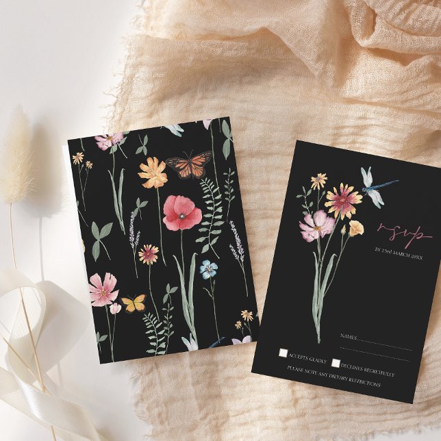 Simple Black Colourful Wildflower Floral Wedding RSVP Card (Creator Uploaded)