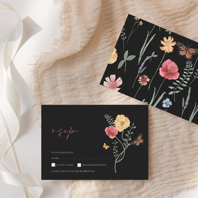 Simple Black Colourful Wildflower Floral Wedding RSVP Card (Creator Uploaded)