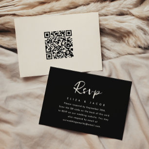 Simple Black Cream Wedding RSVP script QR Code Card
