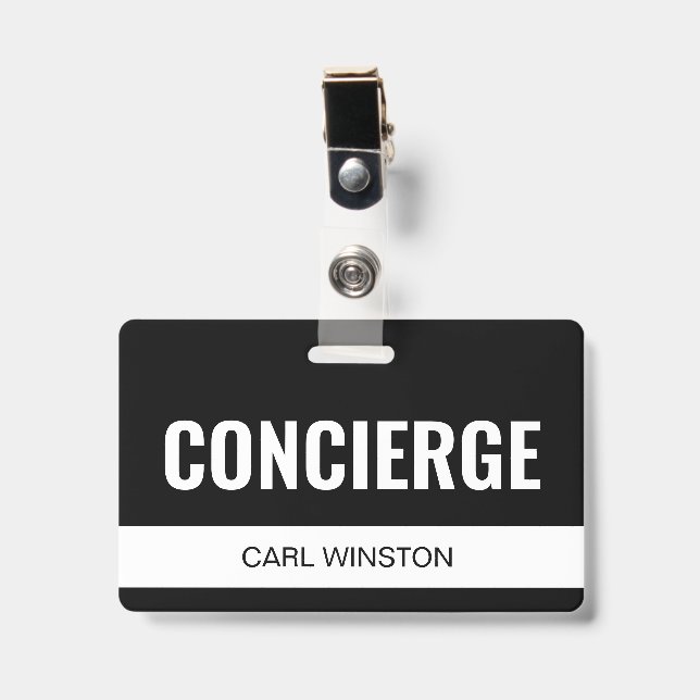 Simple Black Custom Hotel Concierge Employee ID Badge (Front with Clip)