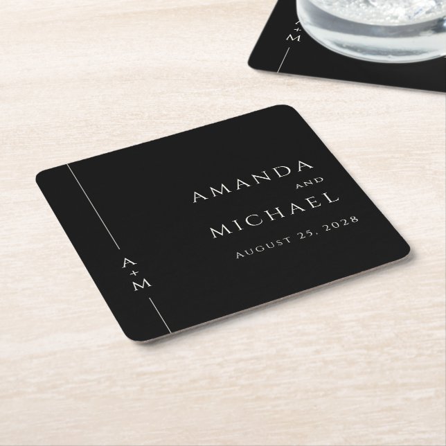 Simple Black Elegant Classic Monogram Wedding Square Paper Coaster (Angled)