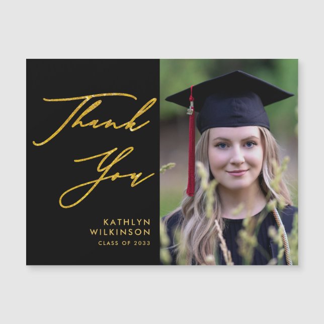 Simple Black Elegant Gold Script GRAD Thank You (Front)