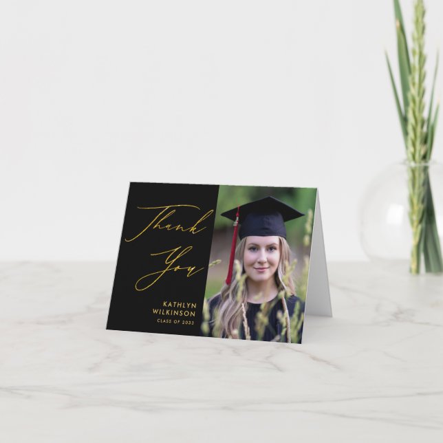 Simple Black Elegant Gold Script Photo Graduation Thank You Card (Front)