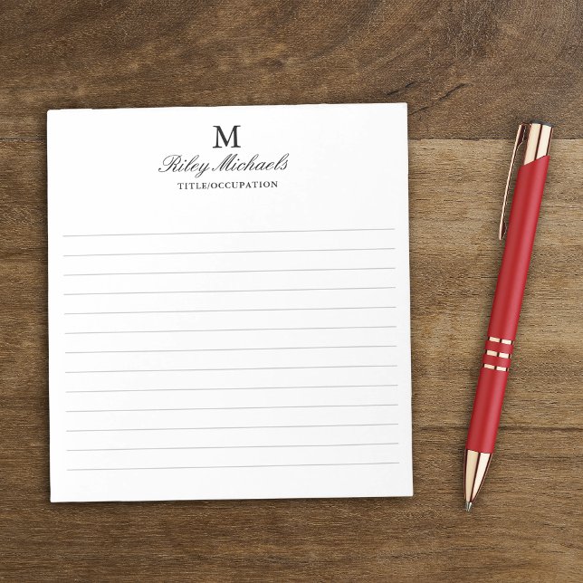 Simple Black Elegant Monogram Name Title Lined Notepad (Creator Uploaded)