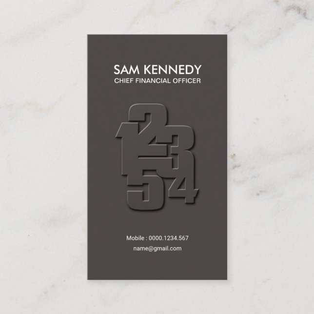 Simple Black Emboss Numbers Chief Finance Officer Business Card (Front)