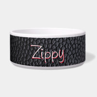 Simple Black Faux Leather Name Ceramic Pet Bowl