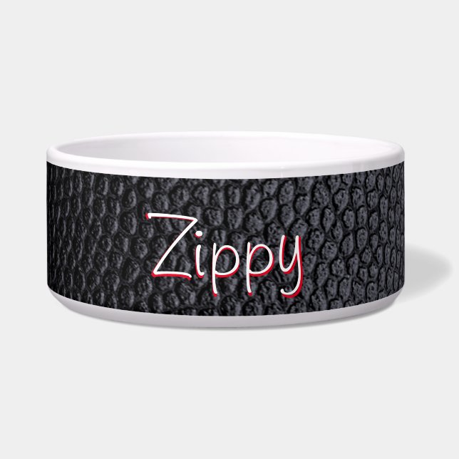 Simple Black Faux Leather Name Ceramic Pet Bowl (Front)