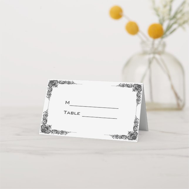 Simple Black Floral border Place Card (Front)