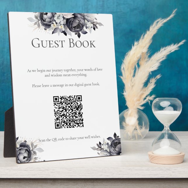 Simple Black Floral Digital Guest Book Sign Plaque (Side)