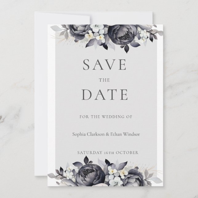 Simple Black Floral Digital Save the Date Card (Front)