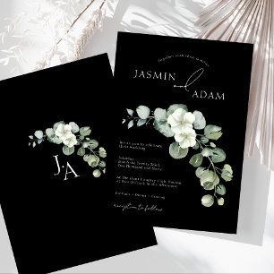 Simple Black Floral Eucalyptus Monogram Wedding Invitation