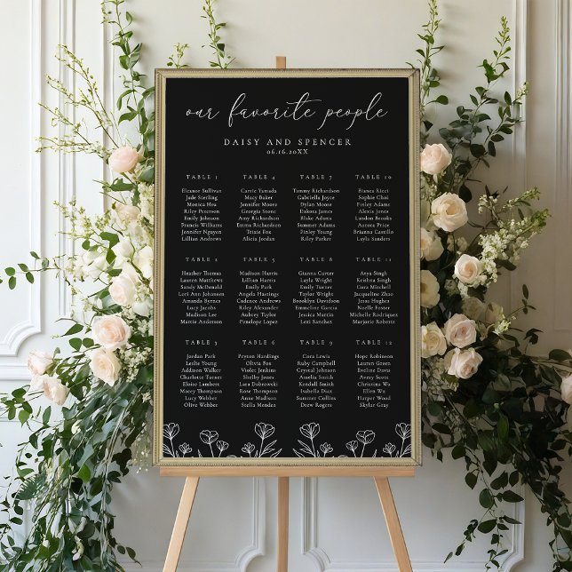 Simple Black Floral Outline Wedding Seating Chart (Creator Uploaded)