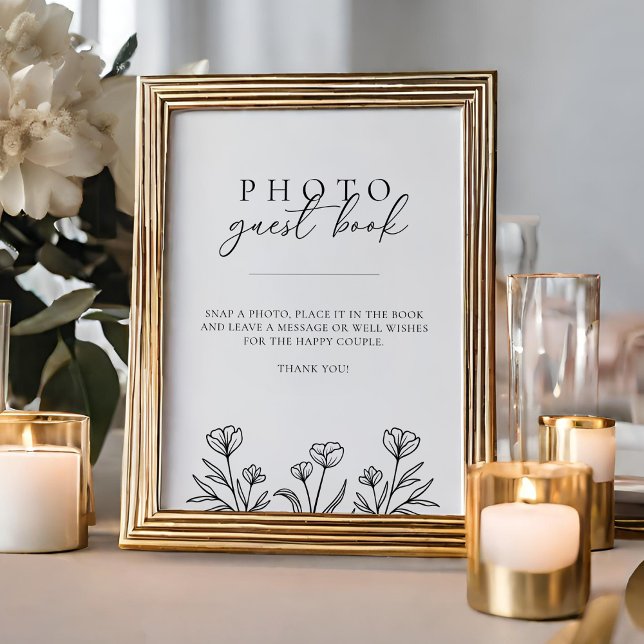 Simple Black Floral Wedding Photo Guest Book Sign (Creator Uploaded)