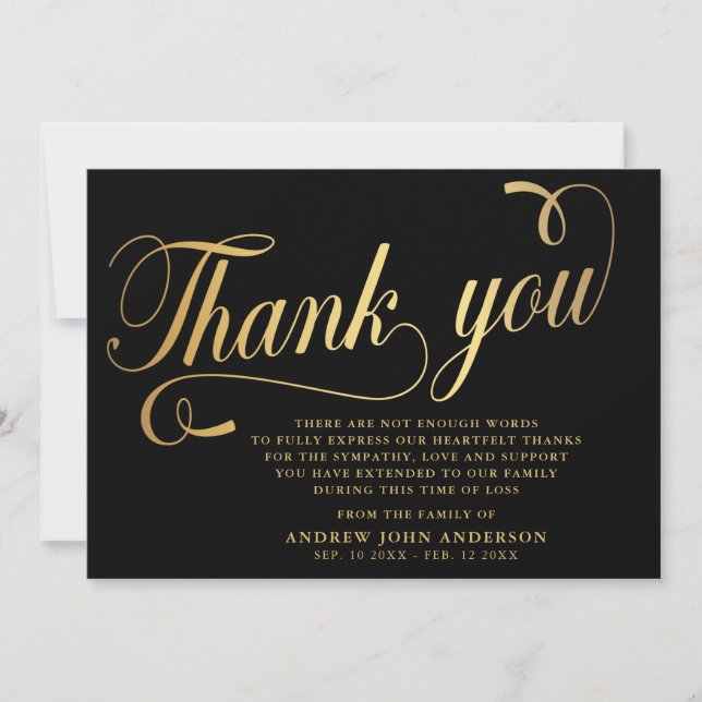 Simple Black & Gold Calligraphy Funeral Thank You Card (Front)