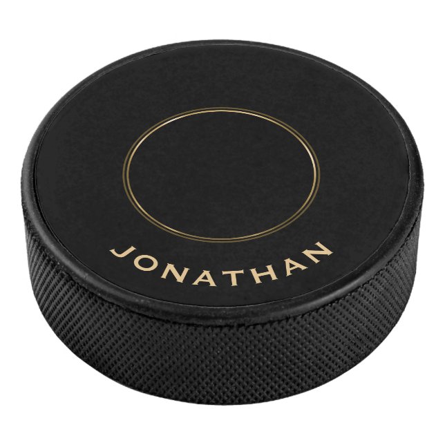 Simple Black Gold Classic Monogram Name Hockey Puck (3/4)
