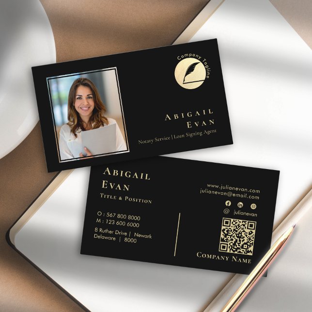 Simple Black & Gold Feather Notary Service Photo Business Card (Simple Black & Gold Feather Notary Service Photo Business Card)