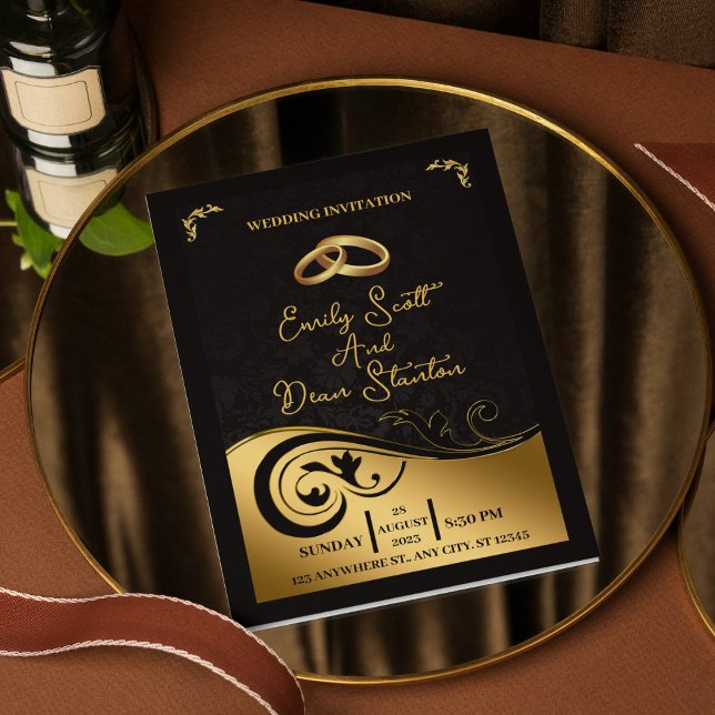 Simple Black Gold Floral Modern Elegant Wedding Invitation (Creator Uploaded)
