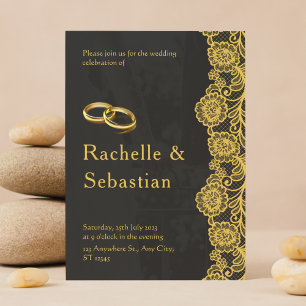 Simple Black Gold Floral Modern Elegant Wedding Invitation