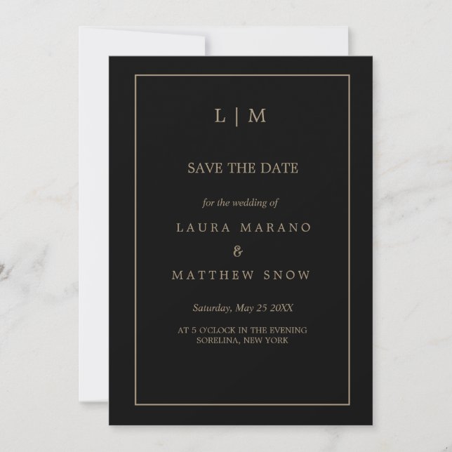 Simple Black Gold Formal Monogram Wedding  Save The Date (Front)