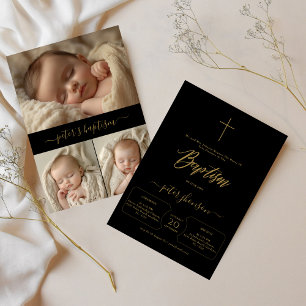 Simple Black & Gold Gender Neutral Photo Baptism Invitation
