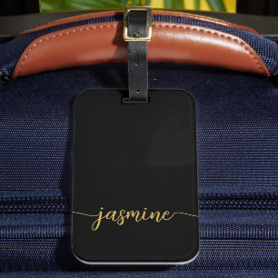 Simple Black Gold Girly Monogram Name Script Luggage Tag
