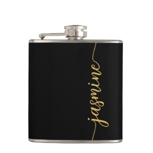 Simple Black Gold Girly Monogram Name Signature Hip Flask