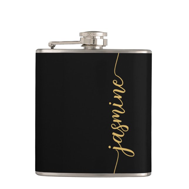 Simple Black Gold Girly Monogram Name Signature Hip Flask (Front)