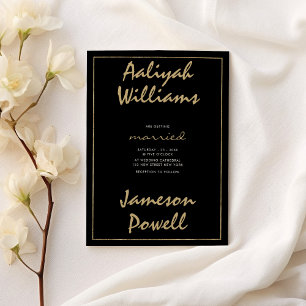 Simple black gold handwritten calligraphy wedding invitation