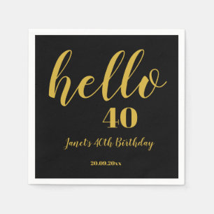 Simple Black & Gold Hello 40th 50th Birthday Party Napkin