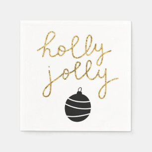 Simple black gold holly jolly Christmas ornament  Napkin