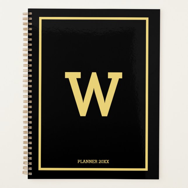 Simple Black Gold Initial Monogram Monthly Planner (Front)