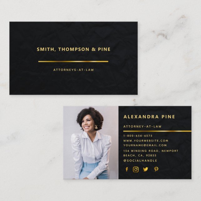 Simple Black Gold Line Corporate Photo Business Business Card (Front/Back)