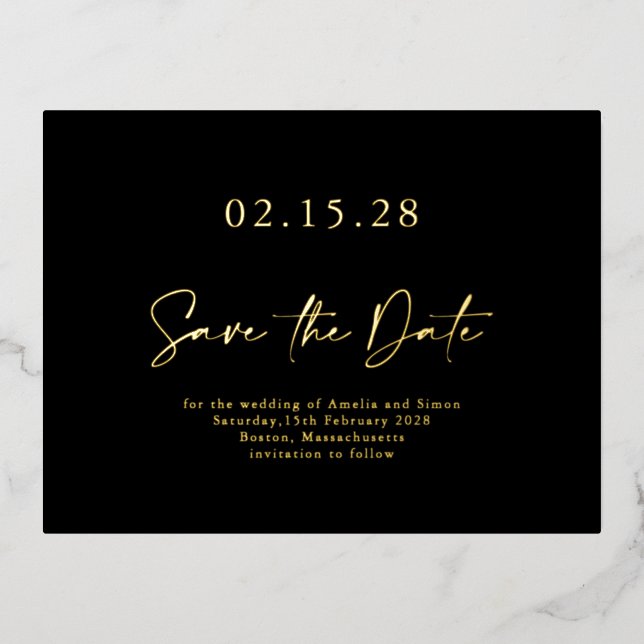 Simple Black Gold Luxe Foil Save the Date Postcard (Front)