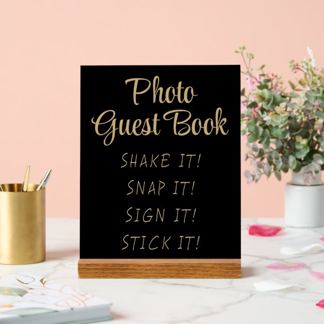Simple Black Gold Modern Cute Photo Guestbook Sign (Wedding)