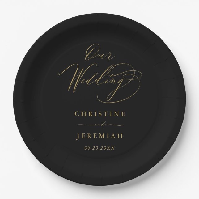 Simple Black Gold Modern Script Wedding Paper Plate (Front)