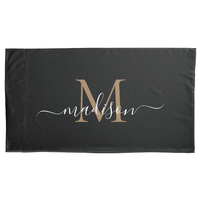 Simple Black Gold Monogram Elegant Feminine Script Pillowcase (Front)