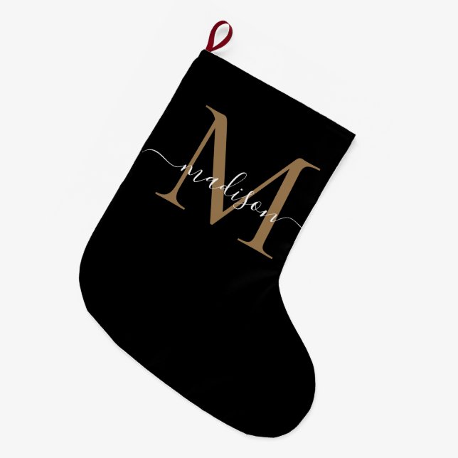 Simple Black Gold Monogram Elegant Girly Script Large Christmas Stocking (Front (Hanging))