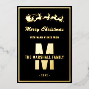 Simple Black Gold Monogram Family Name Christmas Foil Holiday Card