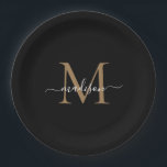 Simple Black Gold Monogram Feminine Script Name Paper Plate<br><div class="desc">Simple Black Gold Monogram Feminine Script Name Paper Plate</div>