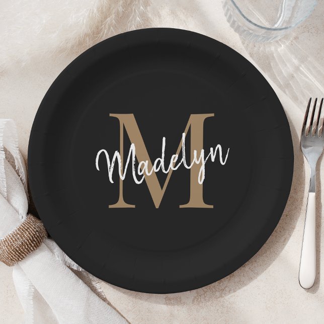 Simple Black Gold Monogram Feminine Script Name Paper Plate (Creator Uploaded)