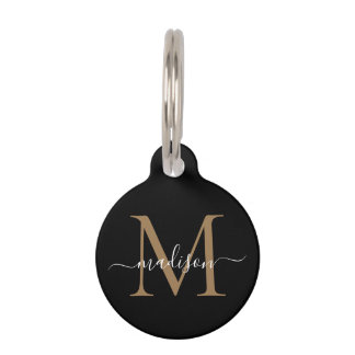 Simple Black Gold Monogram Feminine Script Name Pet Tag