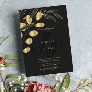 Simple black gold monogram initials floral wedding invitation