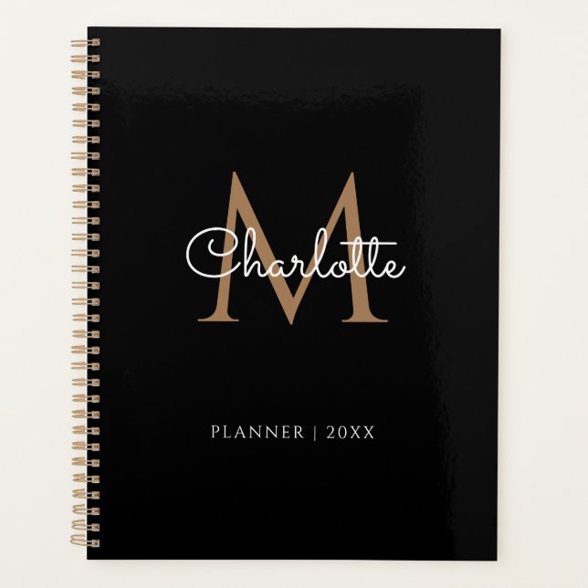 Simple Black Gold Monogram Script 2023 Planner (Front)
