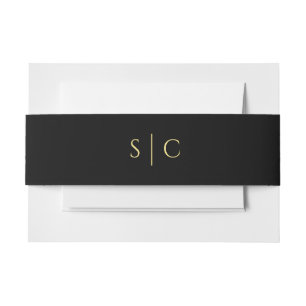 Simple Black Gold Monogrammed Wedding Invitation Belly Band