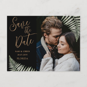 Simple Black & Gold Photo Fern Save the Date Announcement Postcard
