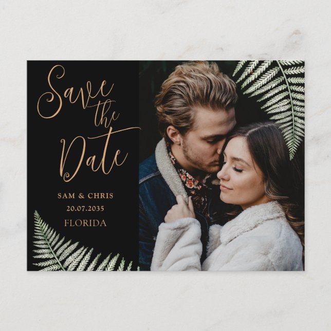Simple Black & Gold Photo Fern Save the Date Announcement Postcard (Front)