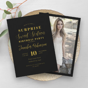 Simple Black & Gold Photo SURPRISE Sweet 16 Invitation