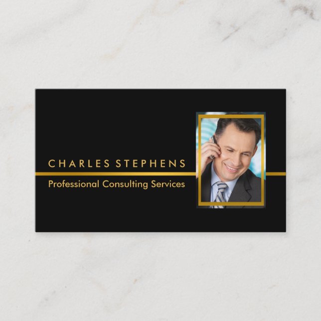 Simple Black | Gold Professional Consulting Photo Business Card (Front)