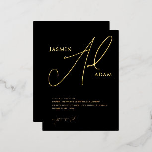 Simple Black Gold Script Wedding Gold Foil Invitation Postcard